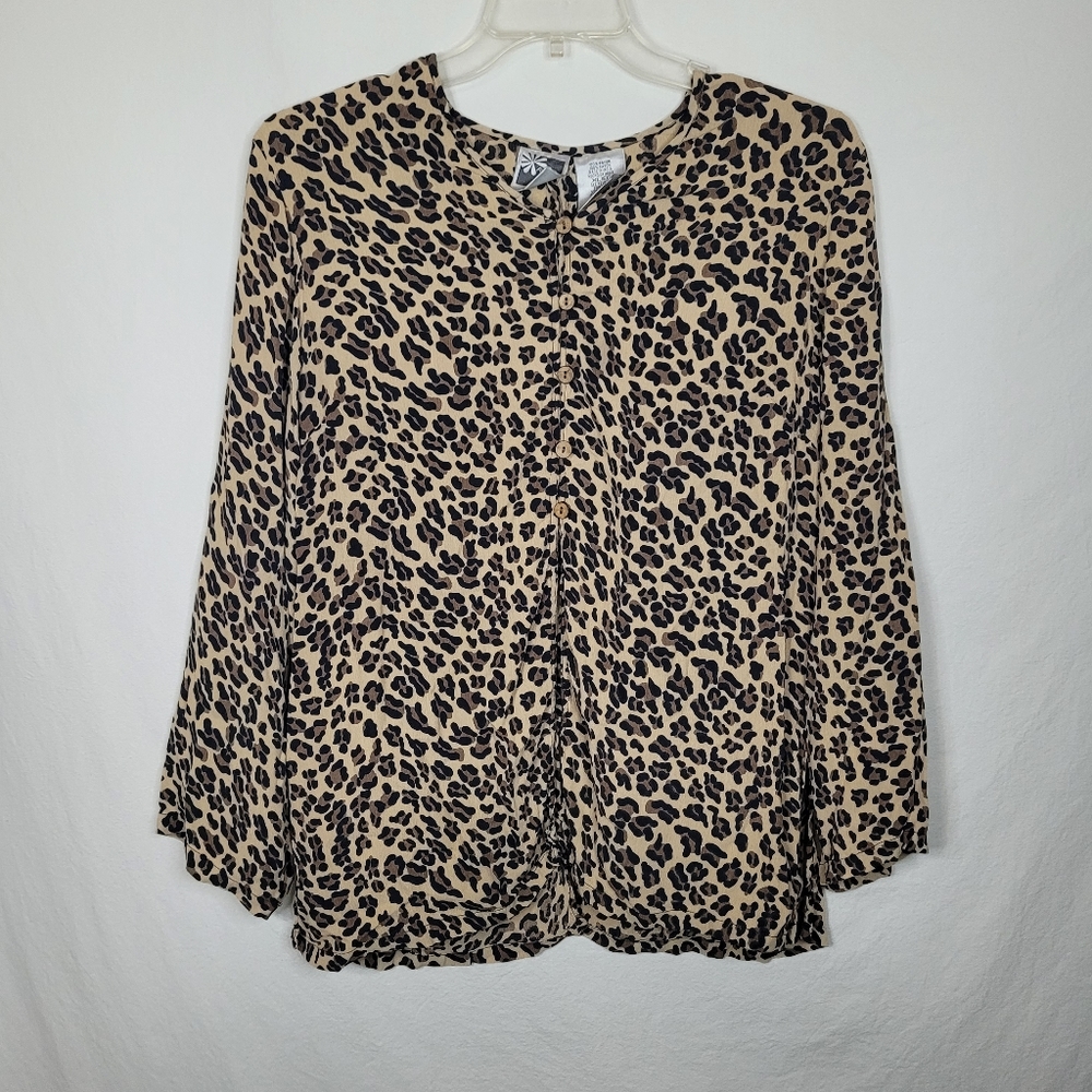 Vintage PHOOL Leopard Print Flowy Split Hem Rayon Long Sleeve Tunic Women's XL